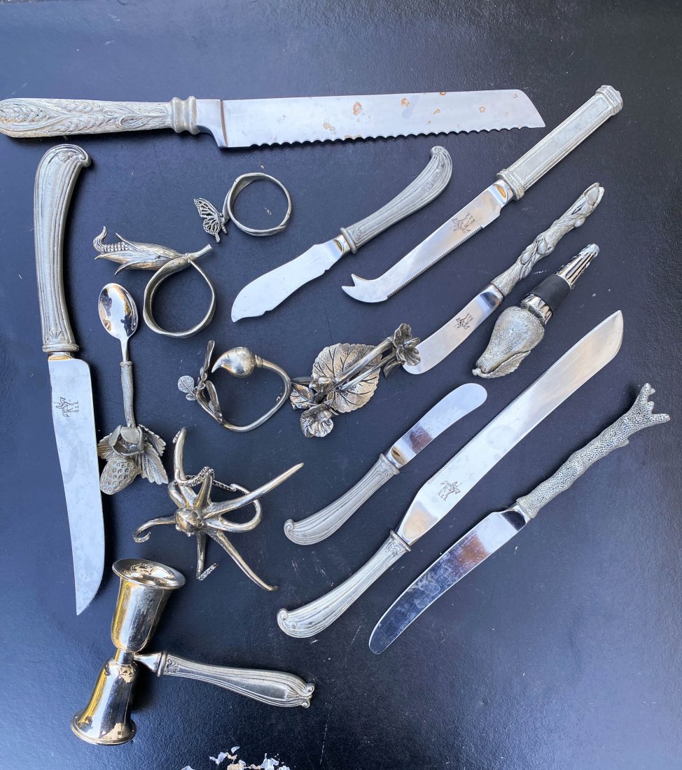 Misc. Vagabond House LOT w/utensils: Misc. Vagabond House LOT w/utensils1 Sugar Spoon. 3 Butter Knives. 1 Jigger. 1 Wine Topper. 5 Napkain Holders. 5 Varying Knives