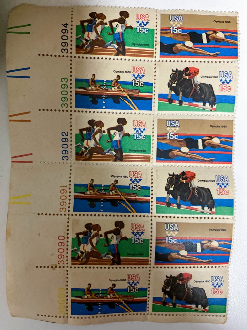 1980 USA Olympic Stamp Set w Plate Numbers (1 of 1)