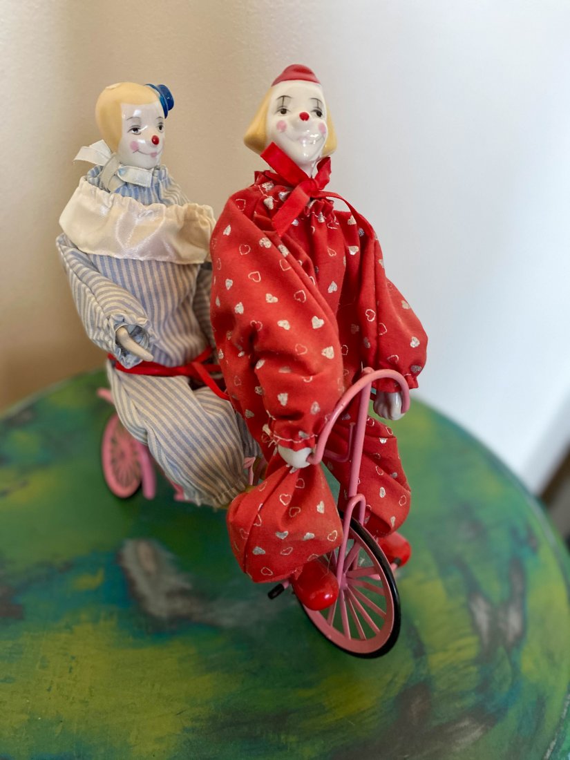 Pair of Porcelain Clown Dolls on a Bike (1 of 6)