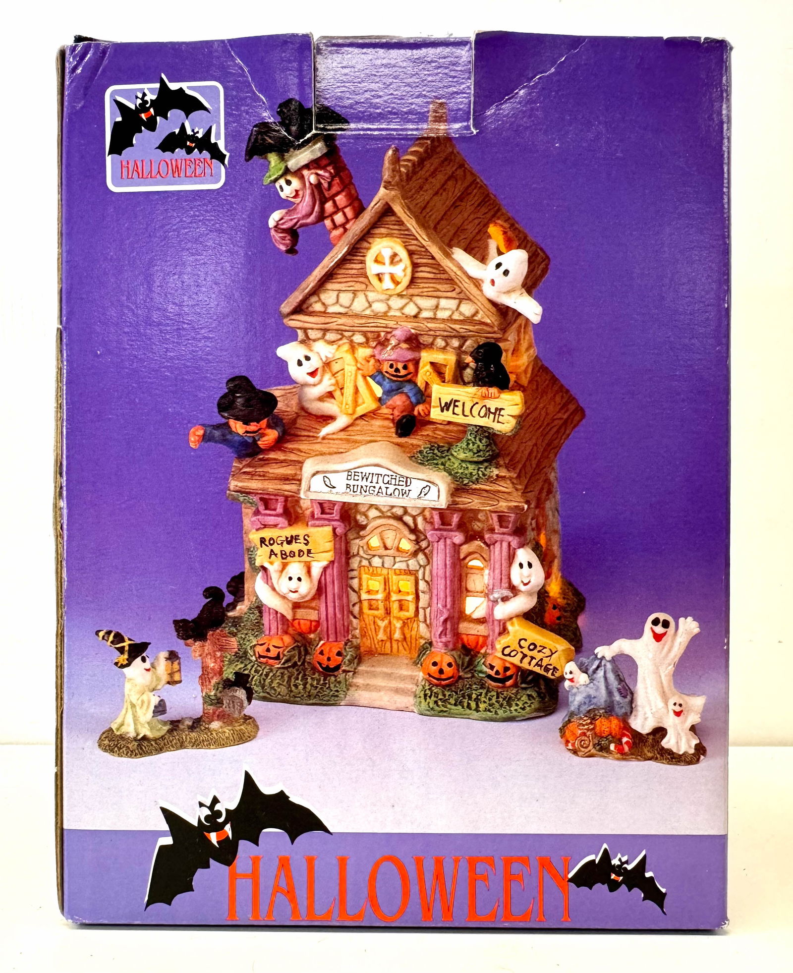 NIB VINTAGE CERAMIC OLD HALLOWEEN LIGHT UP HOUSE GHOSTS PUMPKINS BATS (1 of 11)