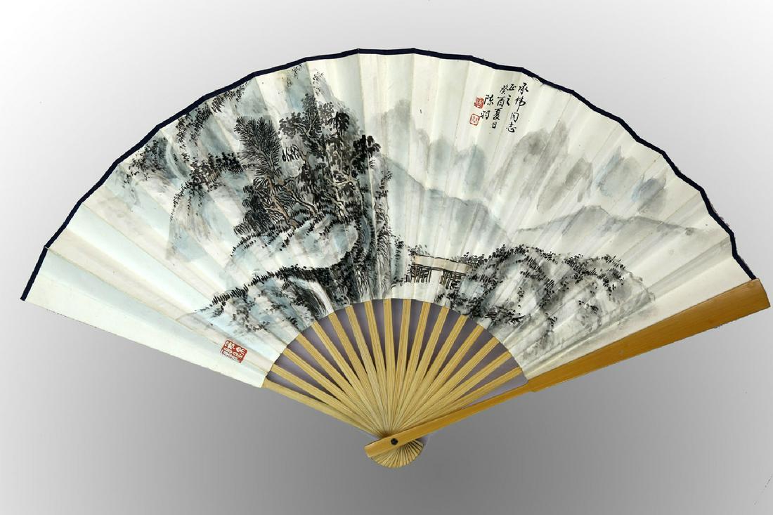 CHINESE PAINTED ON PAPER FAN,DEPICTING A LITTLE BRIDGE (1 of 9)