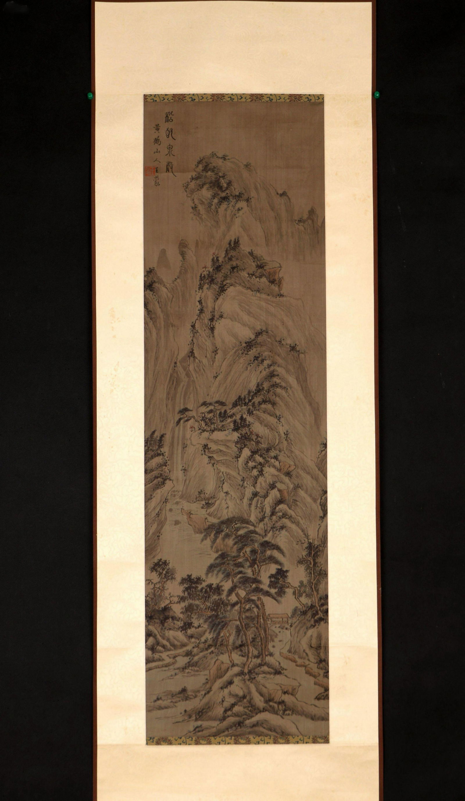 SIGNED WANG MENG(1308-1385).A INK AND COLOR ON SILK: SIGNED WANG MENG(1308-1385).A INK AND COLOR ON SILK HANGING SCROLL PAINTING. H580. China. Yuan Dynasty style. Depicting Chinese landscape scenery, with a red color seal of artist. C Property from a Pr