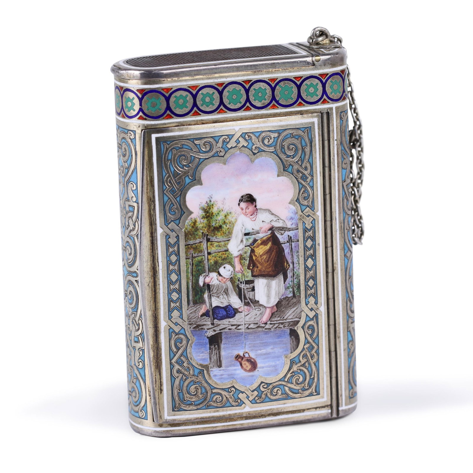 Cigarette case, Pavel Ovchinnikov 1876: A rectangular cigarette case with a folding compartment, a hole for the cable and a silver chain, decorated with notched and painted enamel with a picture of a woman with a child collecting water from