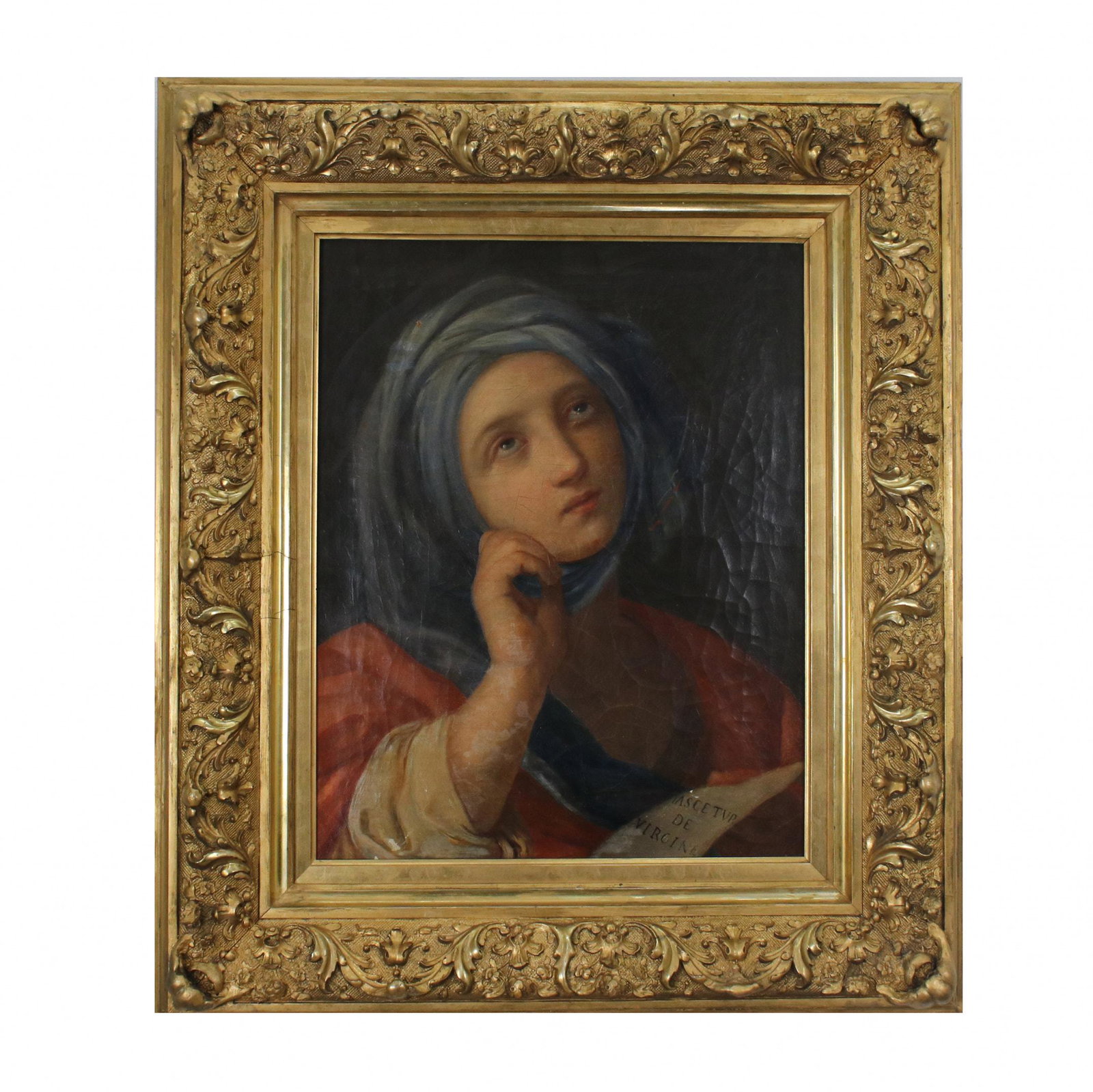 Painting "Roman Sibyl": Painting "Roman Sibyl" holding a scroll with the text "Nascetur De Virgine". Repetition of the painting by the author Guido Reni 1575-1642 - The great Italian painter of the Bologna school.
