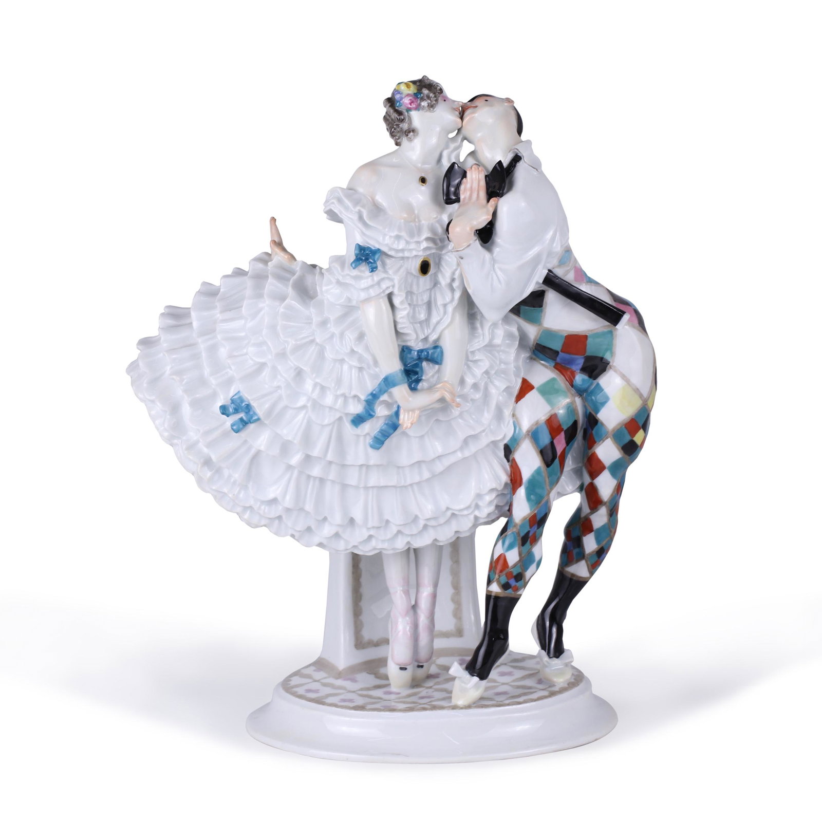 Harlequin and Columbine. Meissen: Porcelain group "Harlequin and Columbine" from the series of porcelain figures "Russian Ballet" dedicated to the Diaghilev Russian seasons in Europe. The sculptor Paul Scheurich, based his figures on 