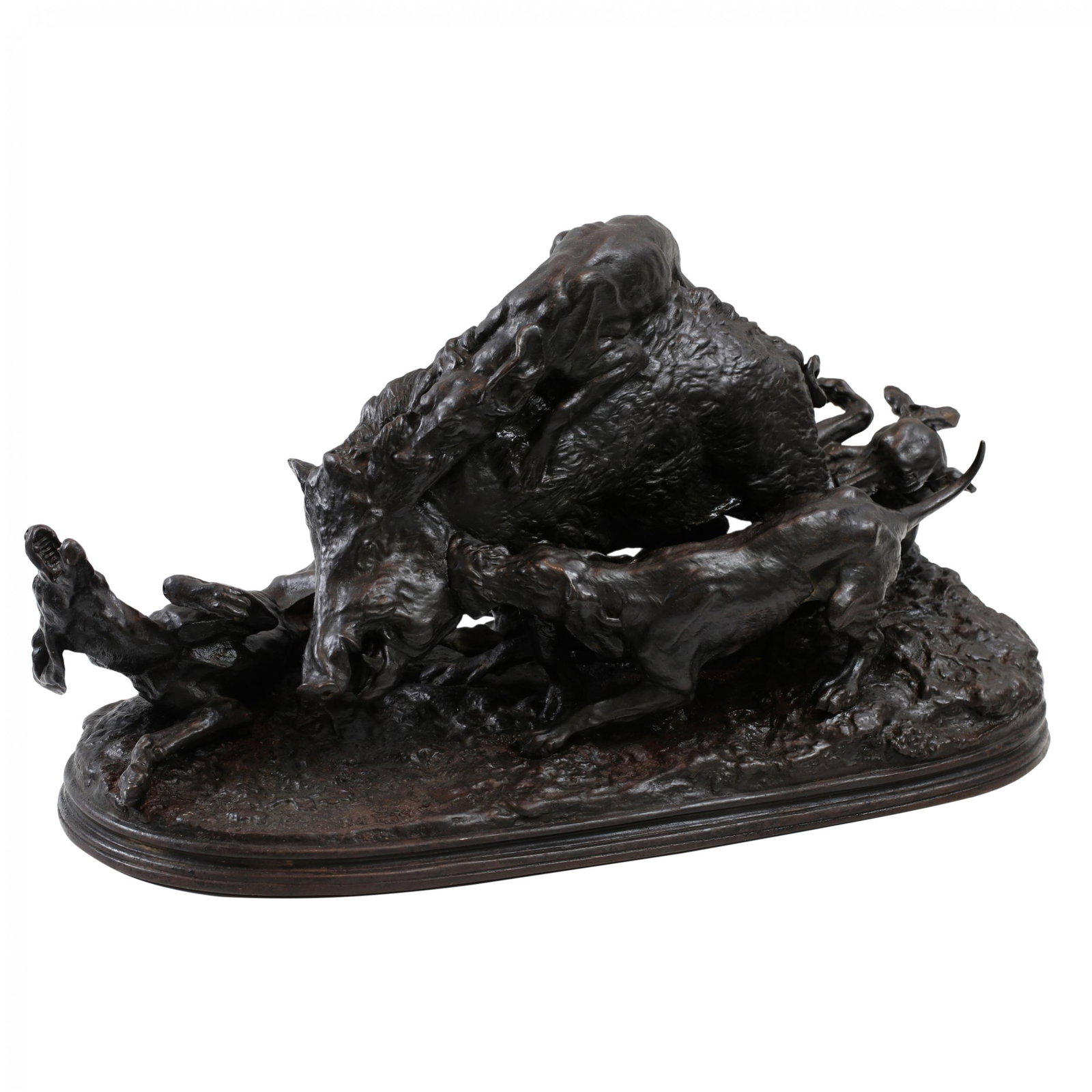 "Wild boar hunted by dogs" Kasli, 1914: Excellent sculpture "Wild boar hunted by dogs" on the model of sculptor P.J. Mene. Kasli Hallmarks: signature P.J., stamp " KAS.Z1914", imprint with a double-headed eagle, sign KGO in Cyrillic . (P.J.
