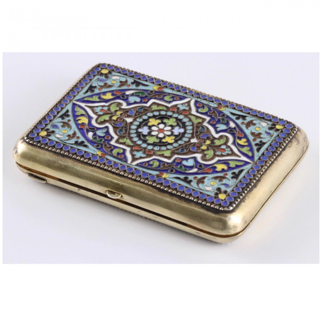Estonian silver cigarette case: Estonian silver cigarette case in Russian style 1920s. Made in the cloisonnÃ© enamel technique, noteworthy is the introduction of forming black and yellow flowers.Hallmarks: "833 F", a girl in a kok