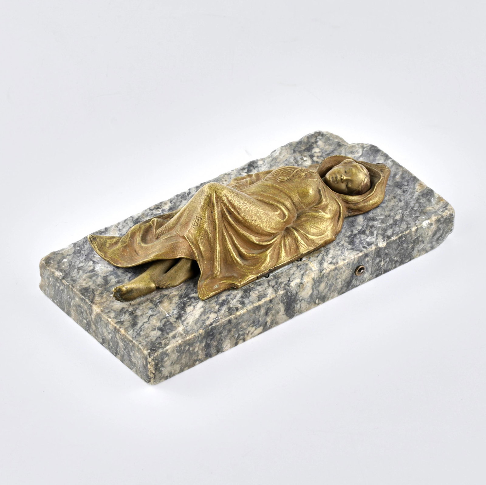 Bronze erotic miniature.: Bronze erotic miniature paperweight "Sleeping Girl". It depicts a sweet touching nature of bashful pleasure covered with a medieval cloak. The piano hinge adjusts the unexpectedness of revelations. 19