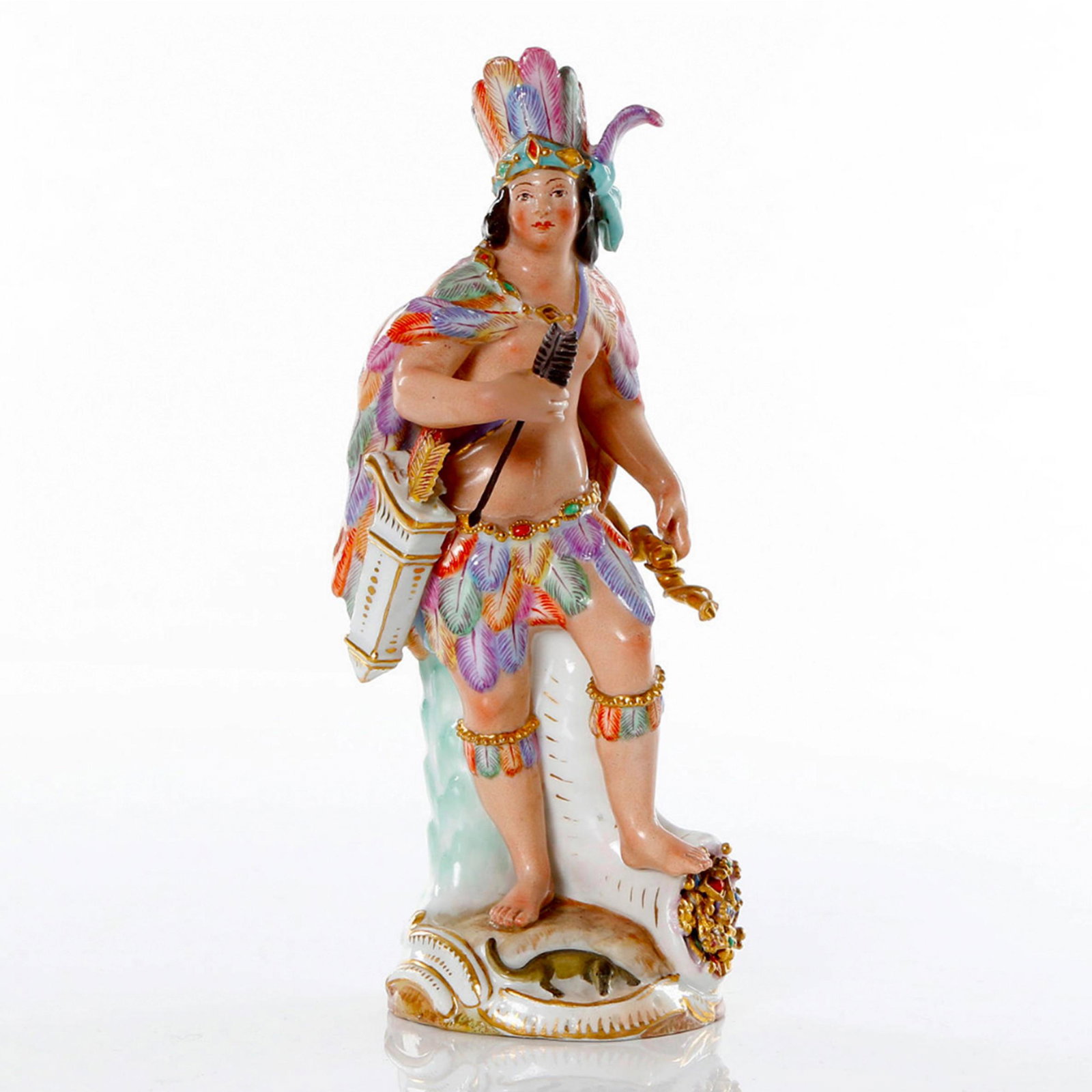 Figurine - allegory "America" Meissen: Porcelain figure allegory "America" from the cycle "Continents". Meissen 19th century. Depicts an Indian with a bow in variegated feathers. One naked rest on a cornucopia - the other has prey. H-16cm.