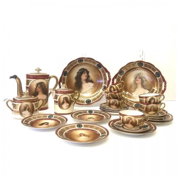 Service "Constance" Moritz Zdekauer: Porcelain service "Constance" , consisting of: 2 fruit vases Ã˜ 23 cm 1 coffee pot with lid H 19 cm 1 creamer with lid H 12.5 cm 1 sugar bowl with lid H 10 cm 6 cups Ã˜ 8 cm 6 saucers numbered 6 d