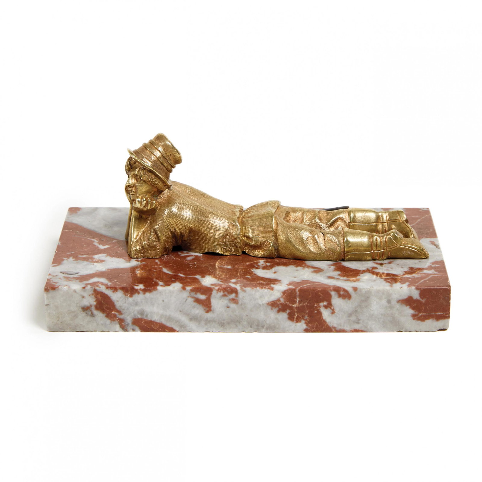 Russian bronze paperweight "Shepherd".: Gilded bronze paperweight "Shepherd at Rest". It depicts the romantically inclined figure of a shepherdess - a dreamer, lying with his toes tucked up near the bugle. Tsarist Russia 19th century. L-15 