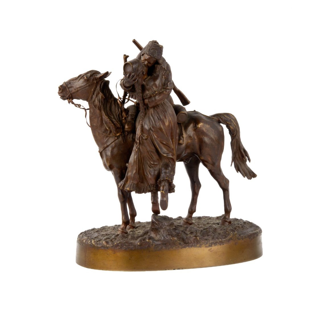 Sculpture by V.Ya. Grachev Farewell of the Cossack with the Cossack.: Cabinet bronze Farewell of a Cossack with a Cossack V.Ya. Grachev. 1880-1900 Made of patinated bronze and is the hallmark of the author. Grachev`s signature in Cyrillic in the test. The compositional