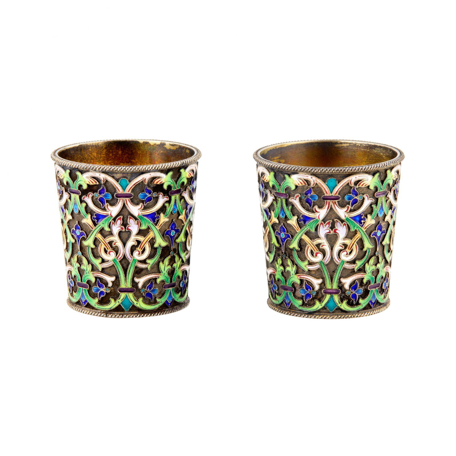 Pair of silver stacks of cloisonnÃ© enamel Br. Grachev.: A pair of silver stacks of cloisonnÃ© enamel by the Grachev Brothers. The knitting, magnificent in complexity and color, adorns the stacks. Romanesque and national style motifs are intertwined in kn