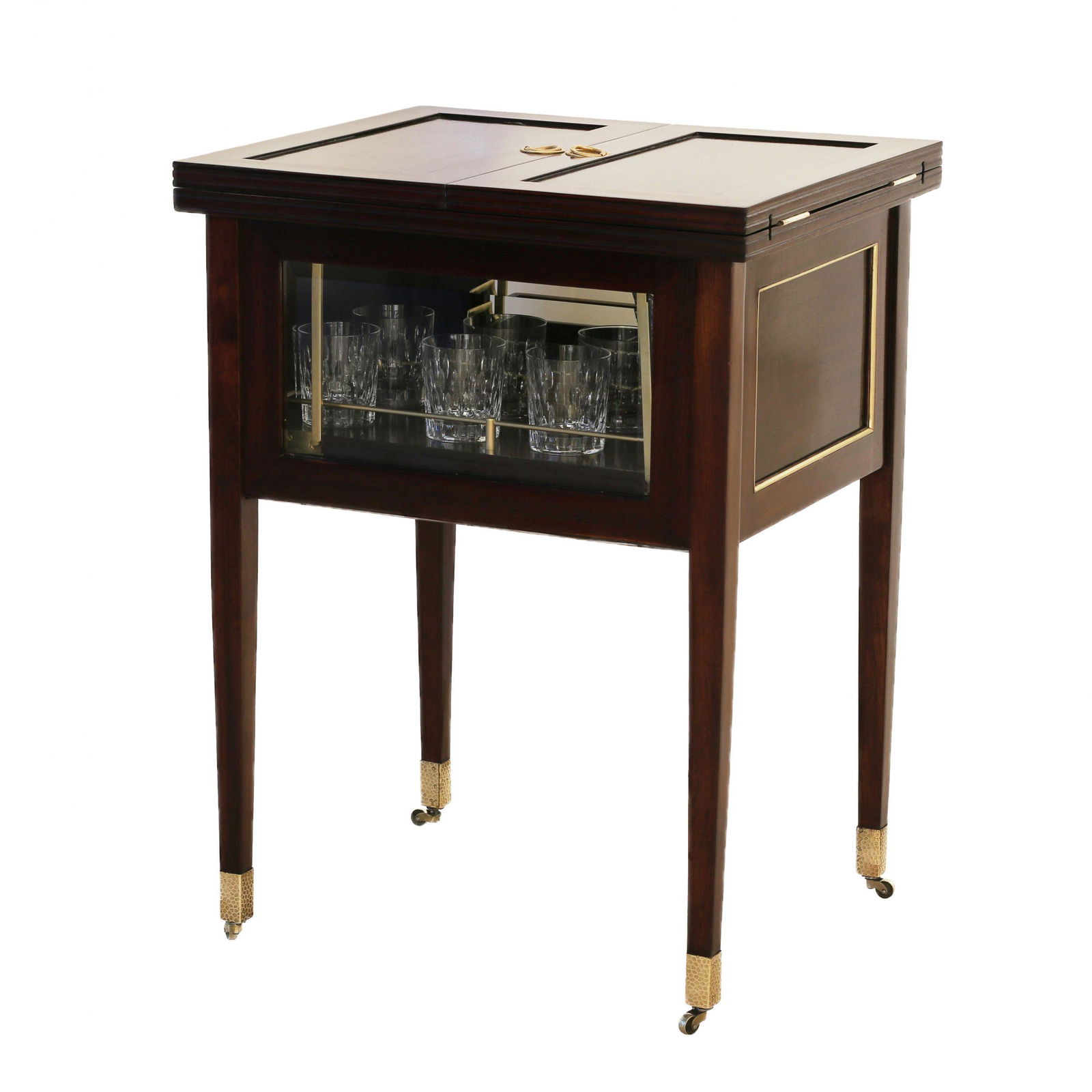 Bar in Austrian Art Deco style. 1920-30s.: Serving trolley-bar with table top lift, Austrian Art Deco 1920-30s. Close to the aesthetics of Adolf Loos, of the specified period. Wood, mahogany color, brass, tapered, square legs, strict rectangul