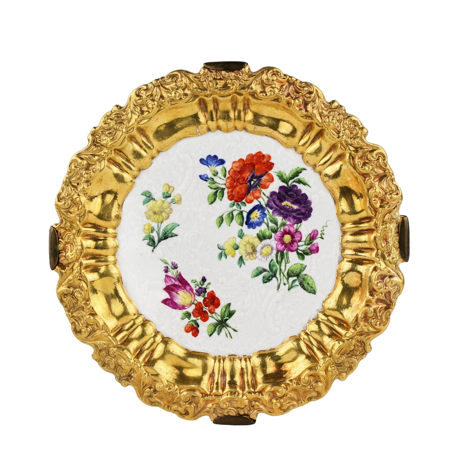 Decorative, porcelain plate-card holder. Imperial Porcelain Factory, 1825-55: Decorative, porcelain plate-card holder. Imperial Porcelain Factory, 1825-55 A small plate with a rich baroque relief and gilding, where twigs and bouquets of flowers are finely written in the center.