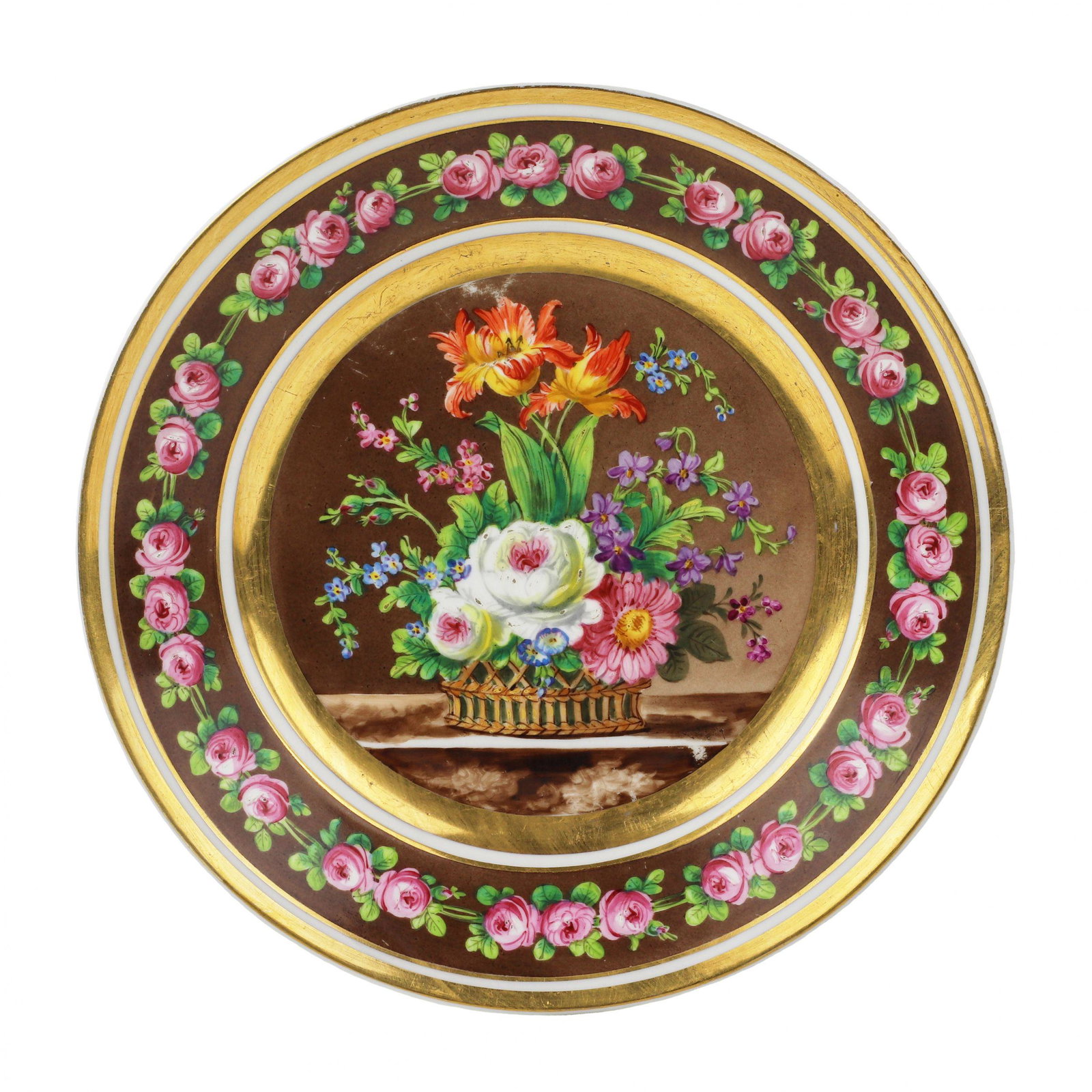 Decorative plate Bouquet. Imperial Porcelain Factory, Russia. 1830s-1840s: Decorative plate Bouquet. Depicts a basket of flowers on a noble brown and gold background. The fields of the plate are decorated with a garland of roses. Porcelain, covering, polychrome painting, ove
