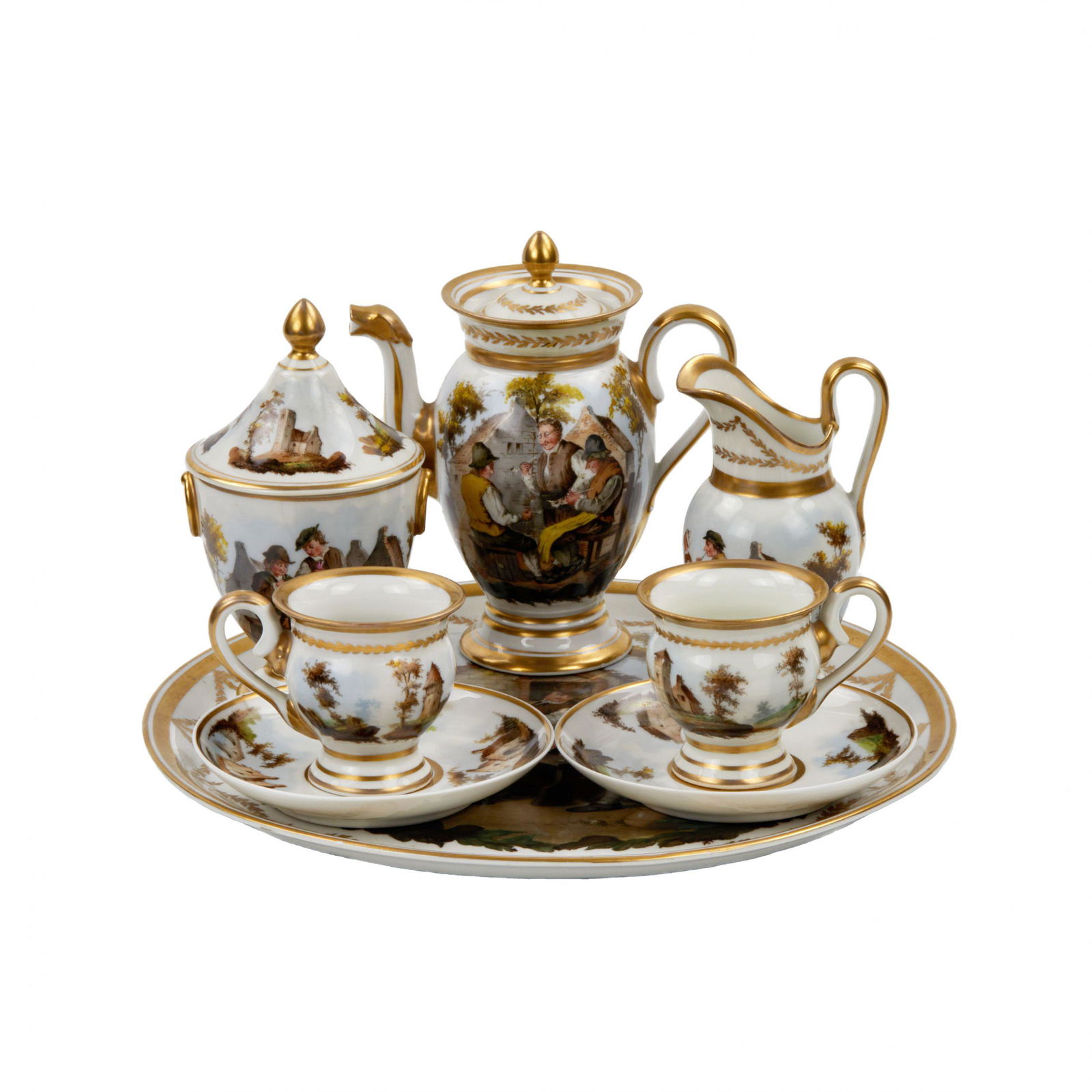 French tete-a-tete porcelain service, 19th century.: French tete-a-tete porcelain service Playing cards Includes: coffee pot, creamer, sugar bowl, 2 cups on a tray. Hallmarks: Three-point crossed swords and JP monogram A service of squat proportions and