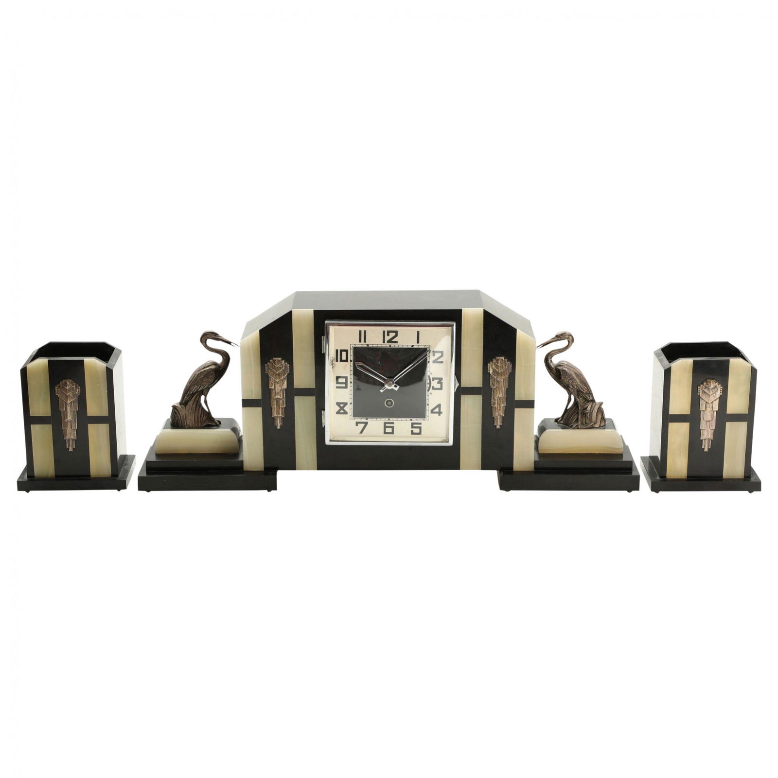 Fireplace set with Art Deco clock.: Three-part Art Deco fireplace set with clock , silver decor on marble with onyx inlays. 1930s. An ensemble of expressive and bright geometry, including realistic animalism and the severity of decorati