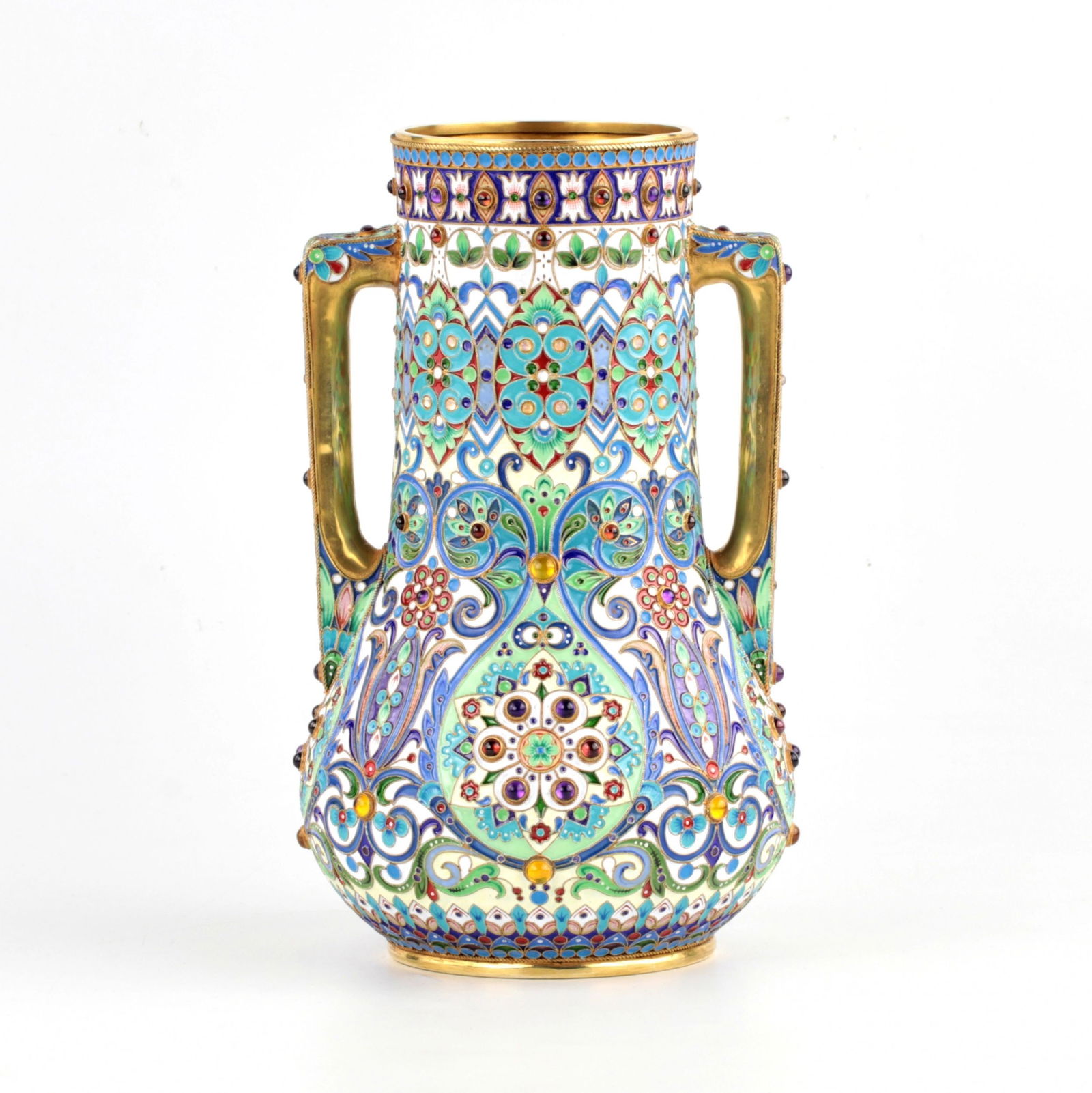 Cloisonne enamel vase.: Vase with cloisonne enamel in carpet decoration. Hallmarks: Double-headed eagle, GRACHEV Brothers. 1873. Hallmark: 84. Product weight 1222 g. Width: 11cm, Height: 22cm, Depth: 11cm, Weight: 1.222kg, C