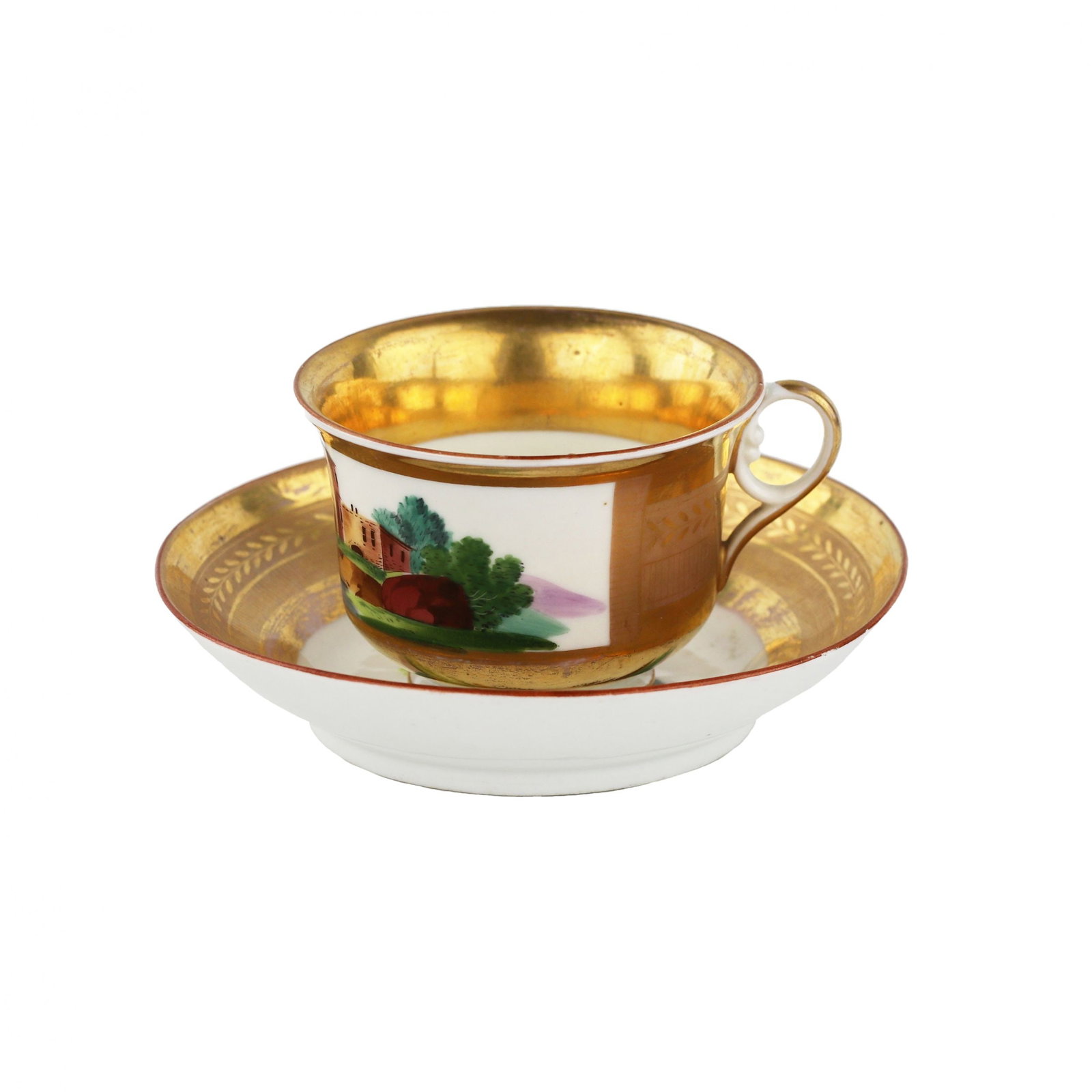 Porcelain tea pair from the Gardner factory.: Porcelain tea pair, with painted Italianate landscape and rich gilding, Gardner factory, 1810-20s. Underglaze blue G markings. On a Gardner cup in dough. Height: 7 cm. Saucer diameter: 14 cm. Width: 1