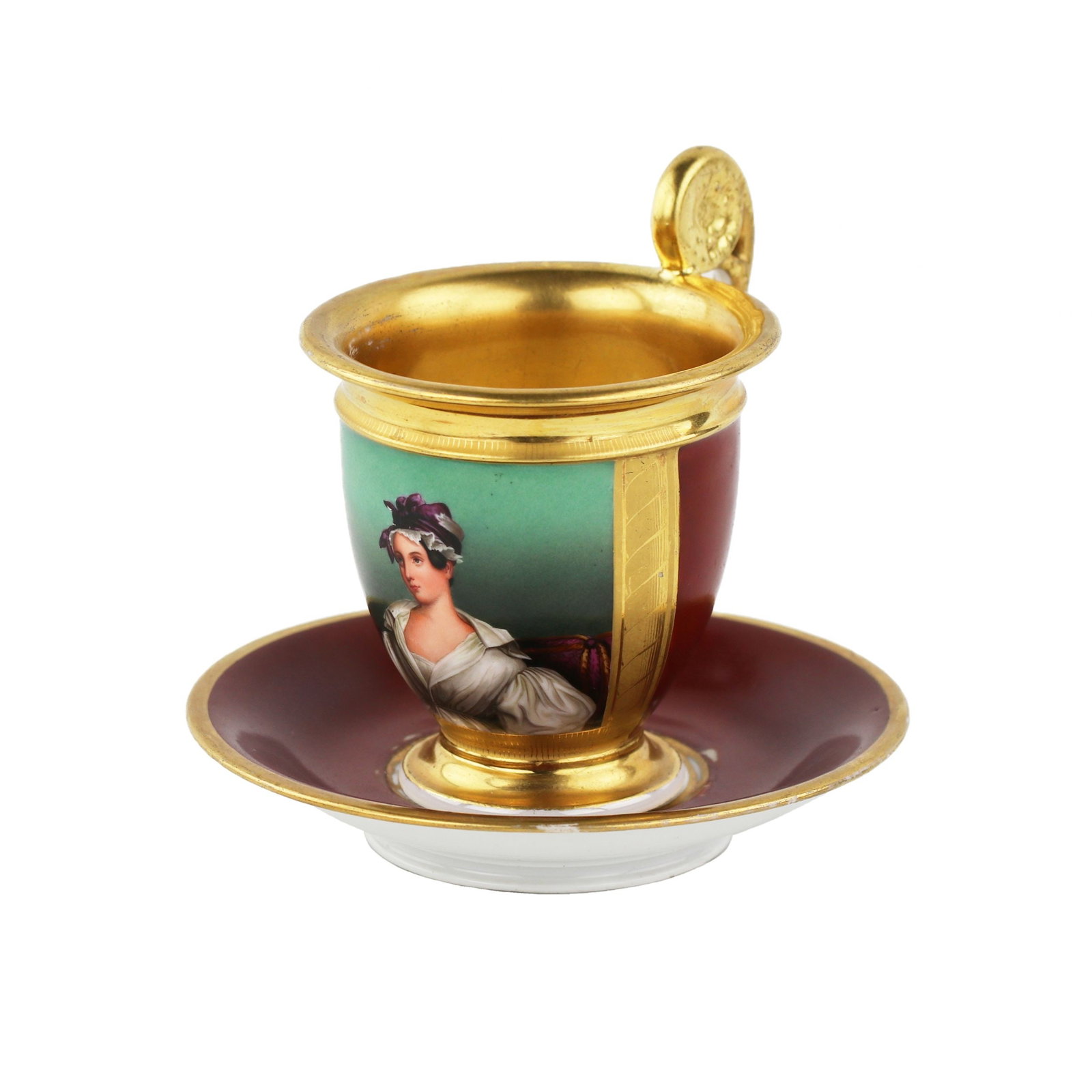 Porcelain cup with saucer. Popov factory. Russia 1811-1833: Porcelain cup with saucer. Popov factory. Russia 1811-33 Represents the fashion of the 1830s, which entered the rights - Biedermeier, with a conical cup, a tall saucer, gold, a domesticated brown and 