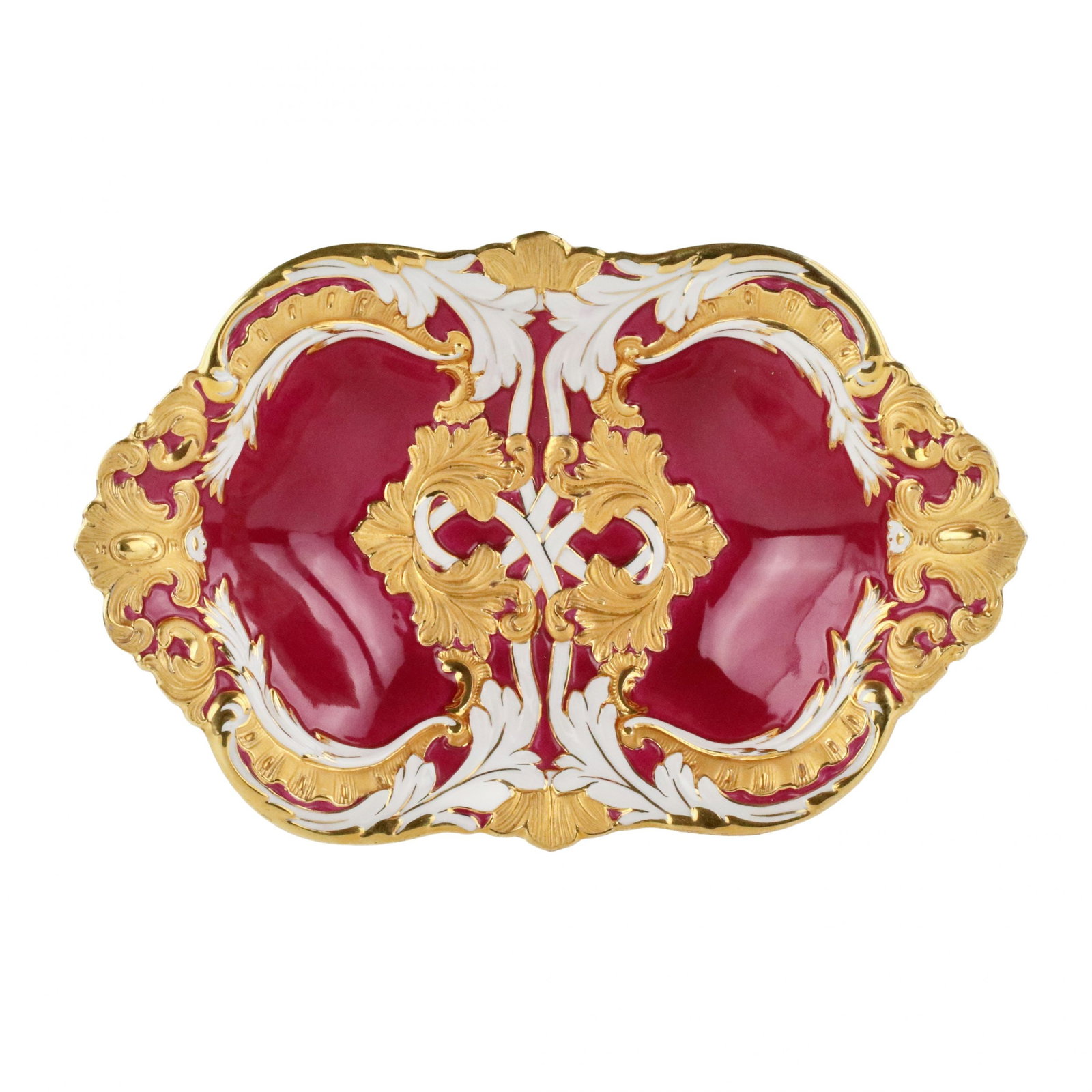 Meissen manufactory biscuit dish. 20th century.: Meissen. Purple and gold biscuit dish. Porcelain, tsirovka, gilding. Blue, underglaze swords of the 1st grade. Model Number: B185. Dimensions: H 6.5 cm x W 31 cm x W 19.5 cm. 20th century. Width: 19.5