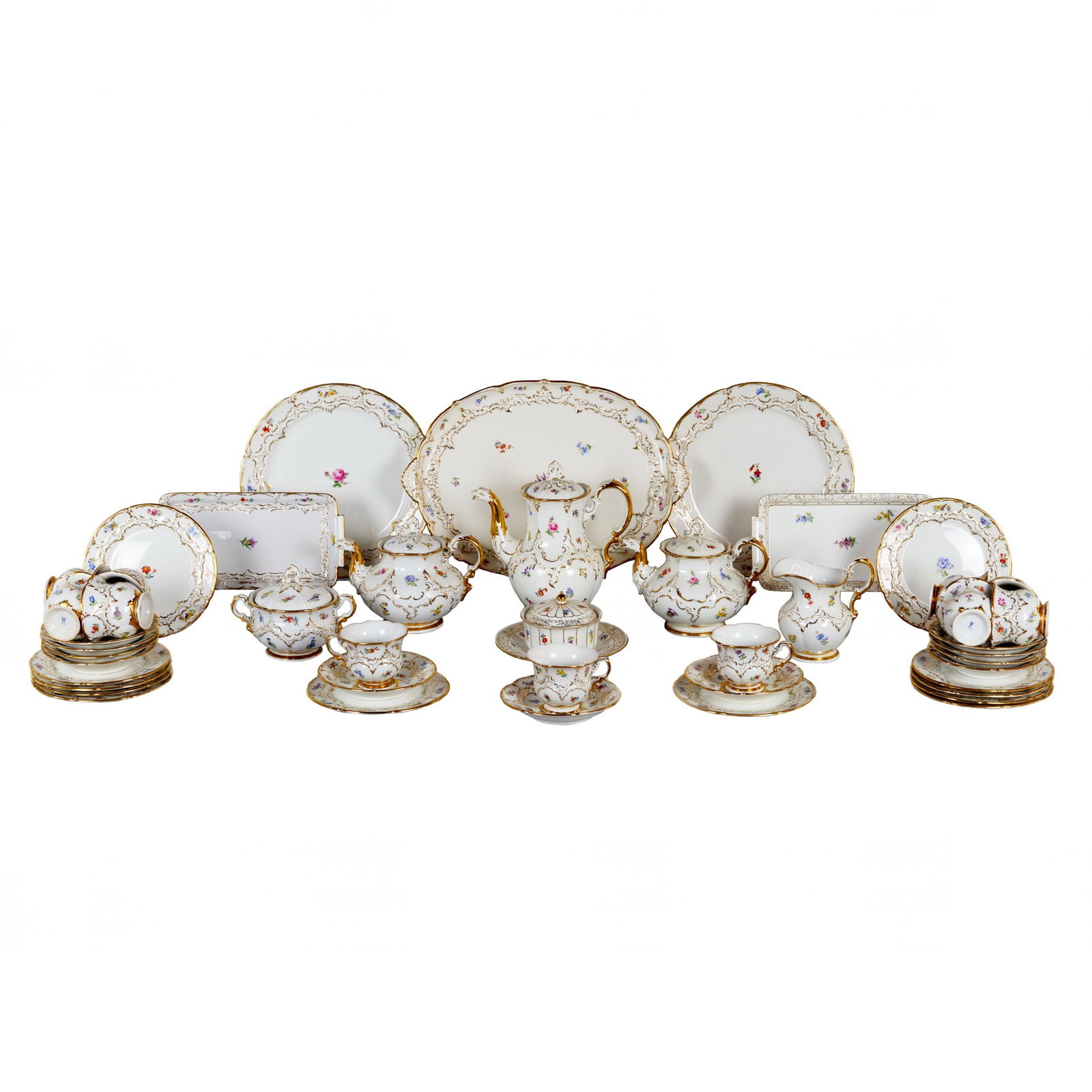 Gorgeous Meissen tea and coffee service.: Magnificent, white and gold, Meissen tea and coffee service for 11 persons. Festive, solemn sound. 20th century. Includes 2 teapots, coffee pot, creamer, sugar bowl, butter bowl, 12 dessert plates, 11