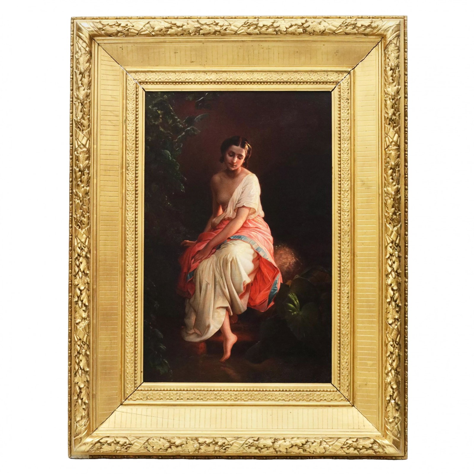 Painting. Romantic image of a naiad bather. Russian school of the middle of the 19th century.: A romantic image of a young and sad naiad bather, close to the aesthetics of T.A. von Neff. Depicts a beautiful, half-naked girl, in a moment of thought by the stream. A bright light snatches a seated