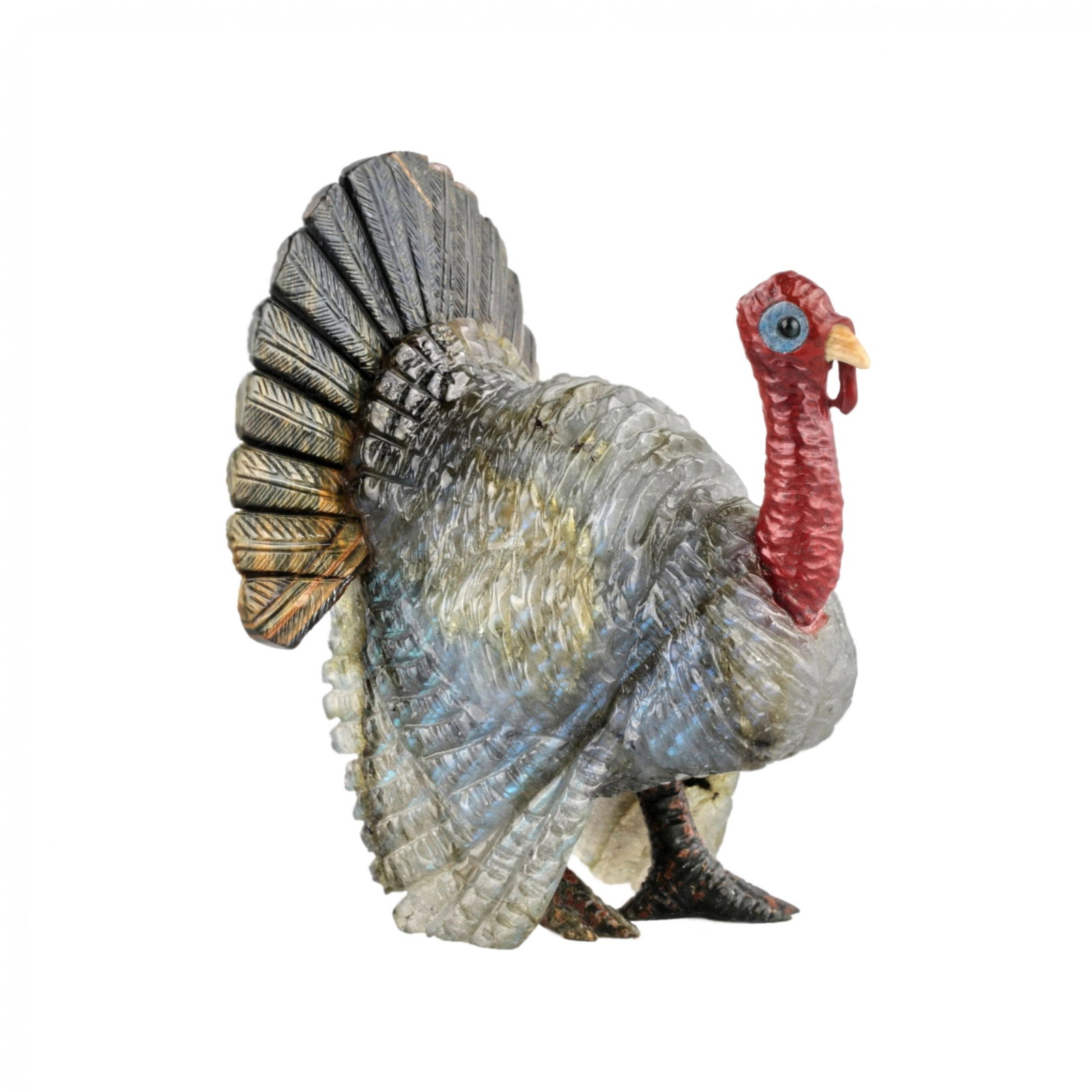 Stone-cut miniature Turkey in Faberge style: Stone-cut miniature Turkey. Complexly selected stones that change color depending on the lighting demonstrate the spectacular figure of a turkey with its tail fluffed up. Weight: 120 gr. Width: 6cm, H