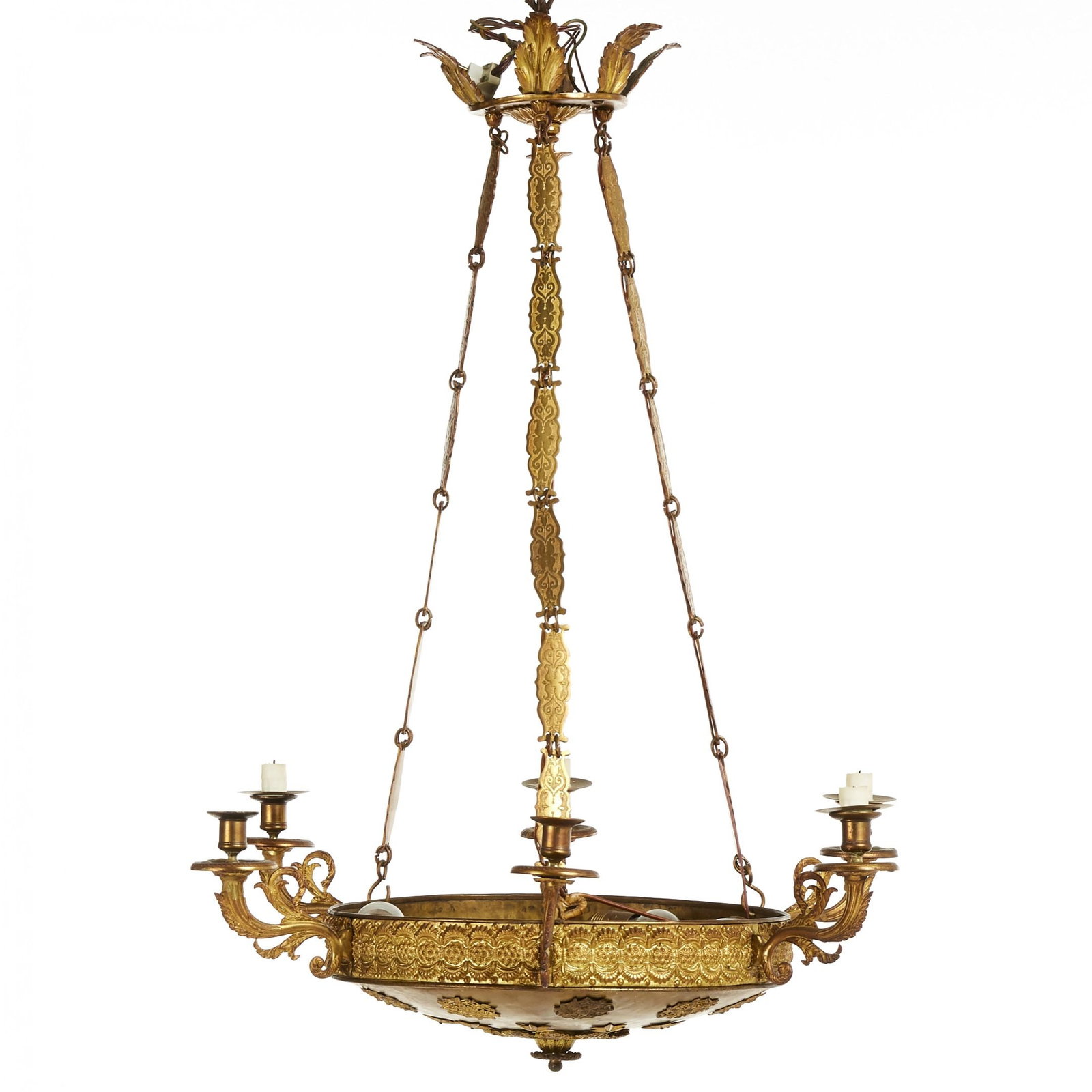 Empire style chandelier. Royal Russia. 19th century.: Chandelier for 6 candles in Empire style, combined of brass and bronze. It is a reference style layout. The bowl on three pendants is decorated with six flying candlesticks and a richly decorated edgi
