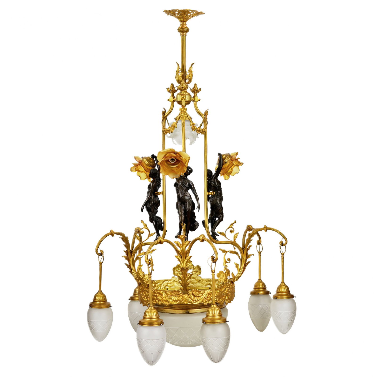 Bronze and gilded brass, graceful Art Nouveau chandelier, with Flora nymphs.: Bronze and gilded brass, graceful Art Nouveau chandelier, with Flora nymphs. With seven drop-shaped lamps, framed, effectively sprouting, shoots of gilded bronze and the culmination of the composition