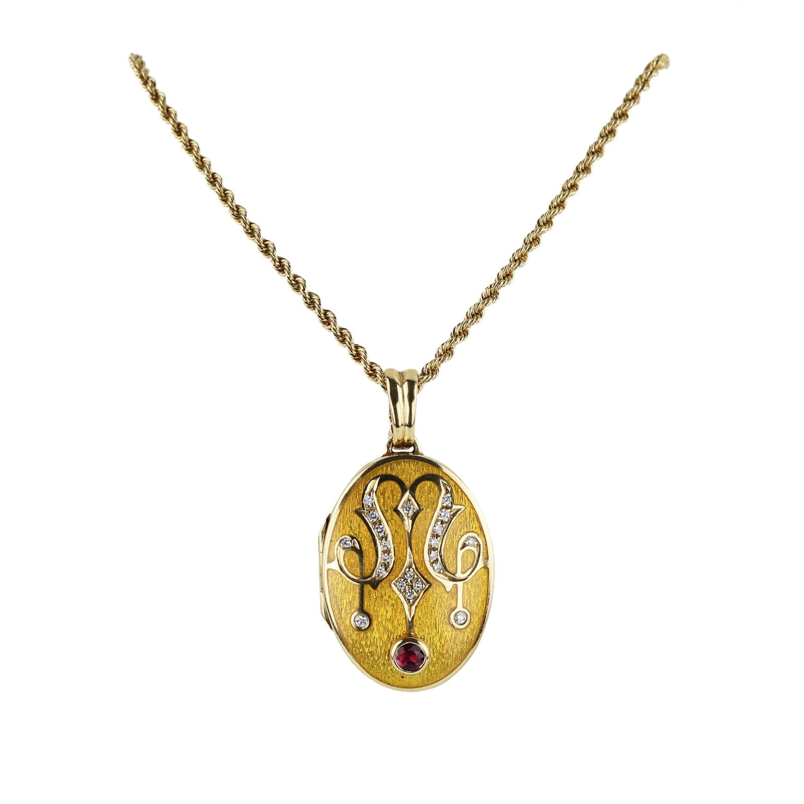 Gold pendant on a chain with a ruby, in the original case. Faberge, France.: Memorial, gold pendant, 750 standart, for paired photographs, with yellow guilloche enamel and ruby, on a chain in original case and box. Faberge, France. With seller`s certificate. Pendant weight: 36