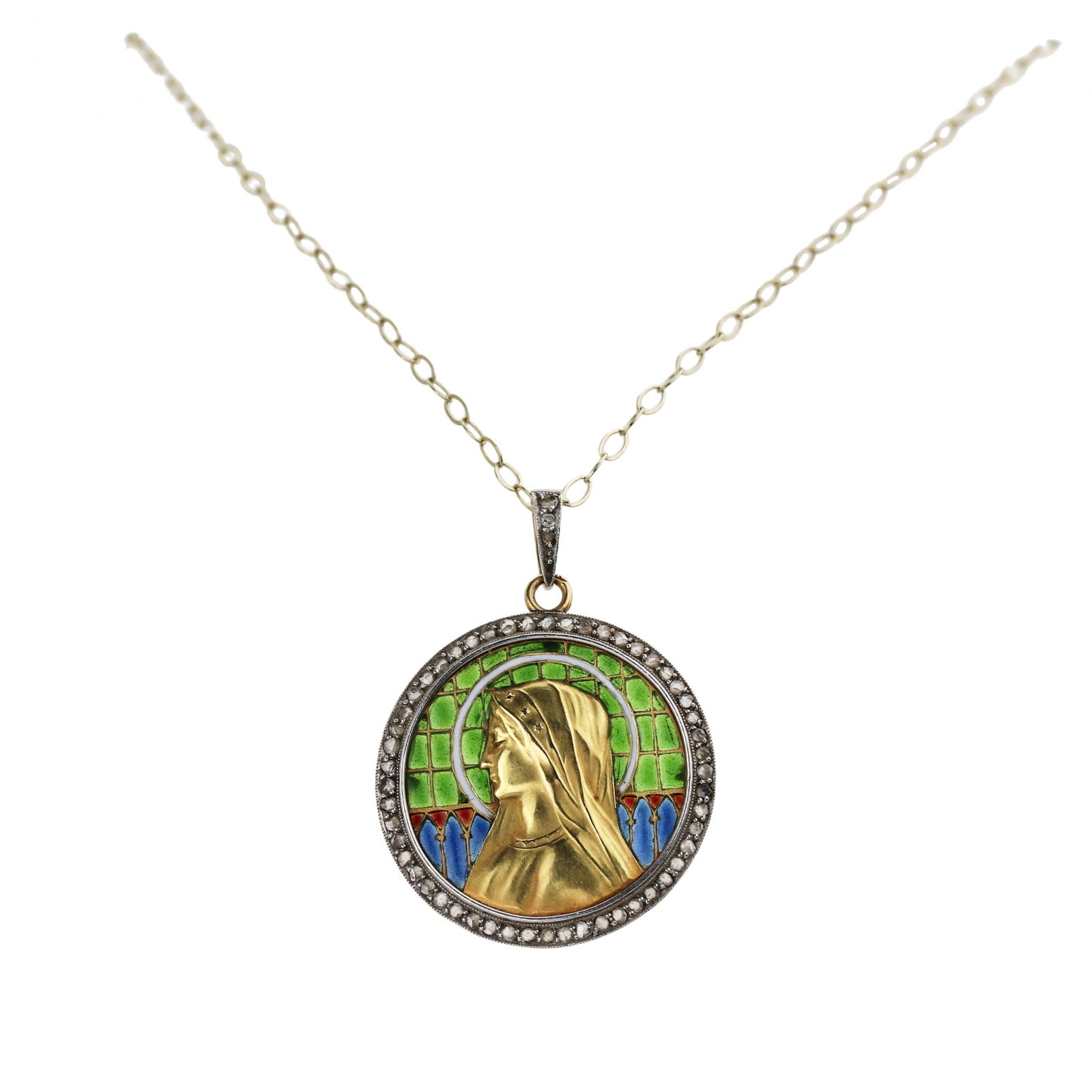 An elegant gold pendant on a chain with Our Lady on stained glass enamel, in an antique case.: An elegant gold pendant on a chain in an antique case. The round pendant bears a profile image of the Mother of God on stained glass enamel framed with old-cut diamonds. On the chain is the hallmark o