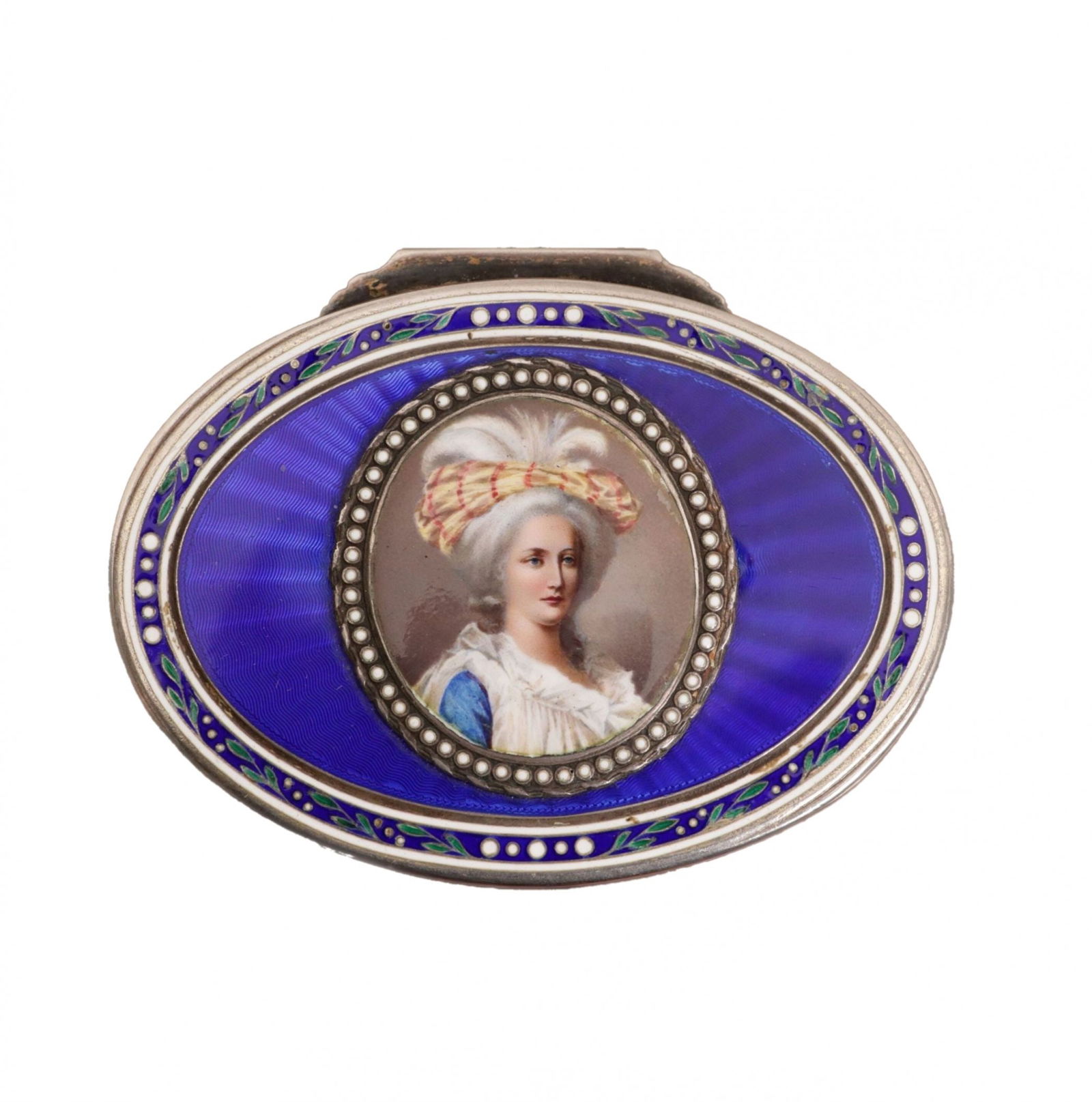 Oval box made of gilded silver with guilloché enamel decor. Early 20th century.: Oval box made of gilded silver with dark blue guilloché enamel decor. The lid on the piano hinge is decorated with a portrait of a young elegant woman. Austria. Early 20th century. 800 silver. Total