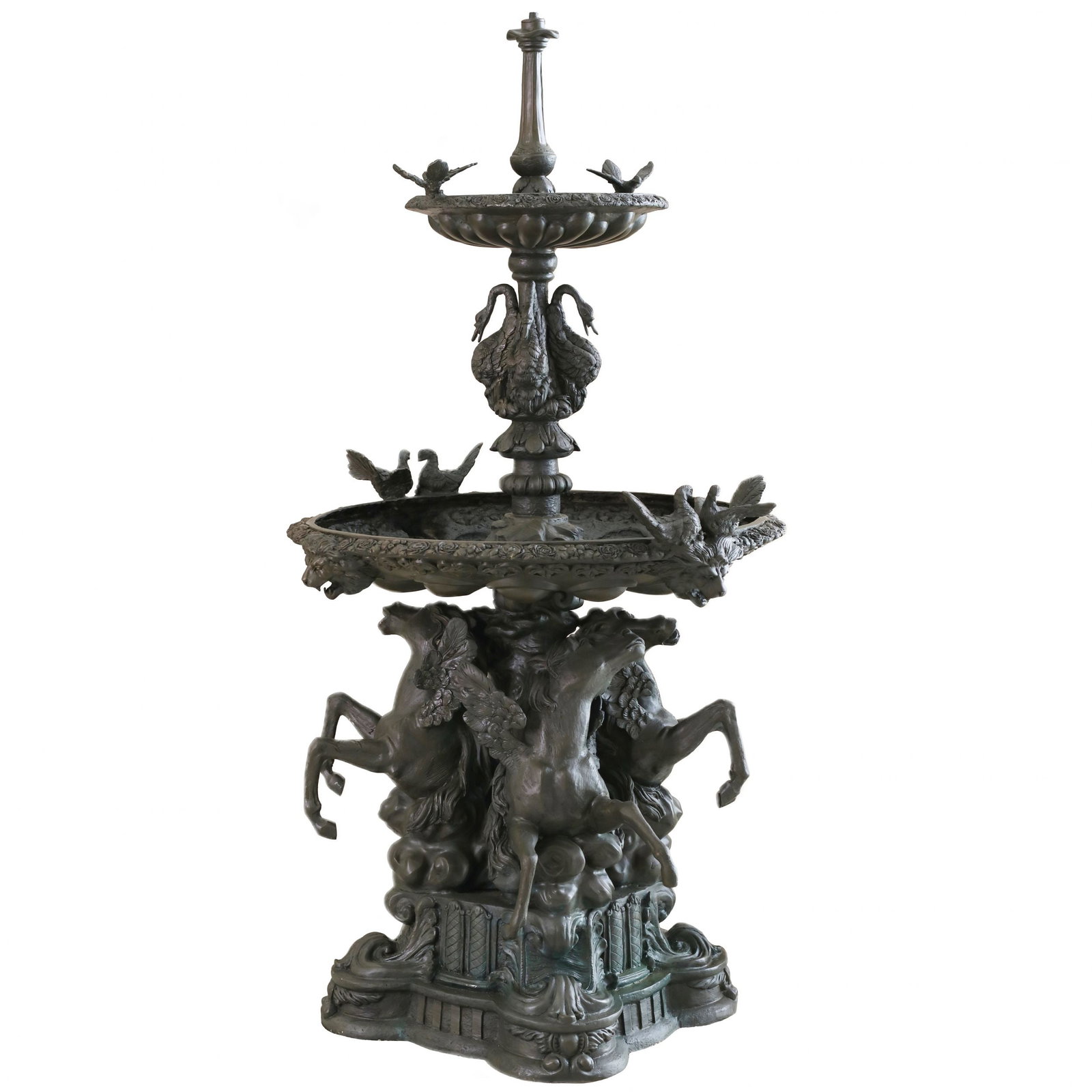 Large bronze fountain with two bowls by Francis Joseph Duret (1804-1865).: Large bronze fountain with two bowls based on a romantic story by Francis Joseph Duret (1804-1865). Mounted on a pedestal of two pegasi and a stem of four swans. The bowls are decorated with love dove