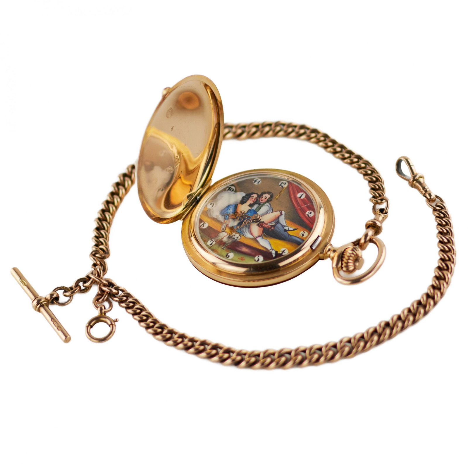 Gold, three-case, pocket watch with a chain and an erotic scene on the dial. 1900: Three-case, pocket watch in a 14-karat rose gold case. Decorated on the dial with erotic bone painting, a movable dog tail and Arabic numerals, around gilded hands. Gold plated movement with compensat