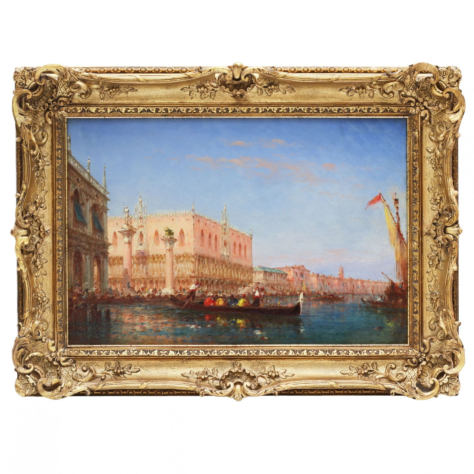 Felix Ziem (1821-1911). View of Venice: Doge`s Palace and Piazzetta Columns.: This impressive painting attributed to Felix Ziem (1821-1911) is an outstanding example of mastery and deep passion for architectural landscapes. The composition centers on the majestic Doge`s Palace,