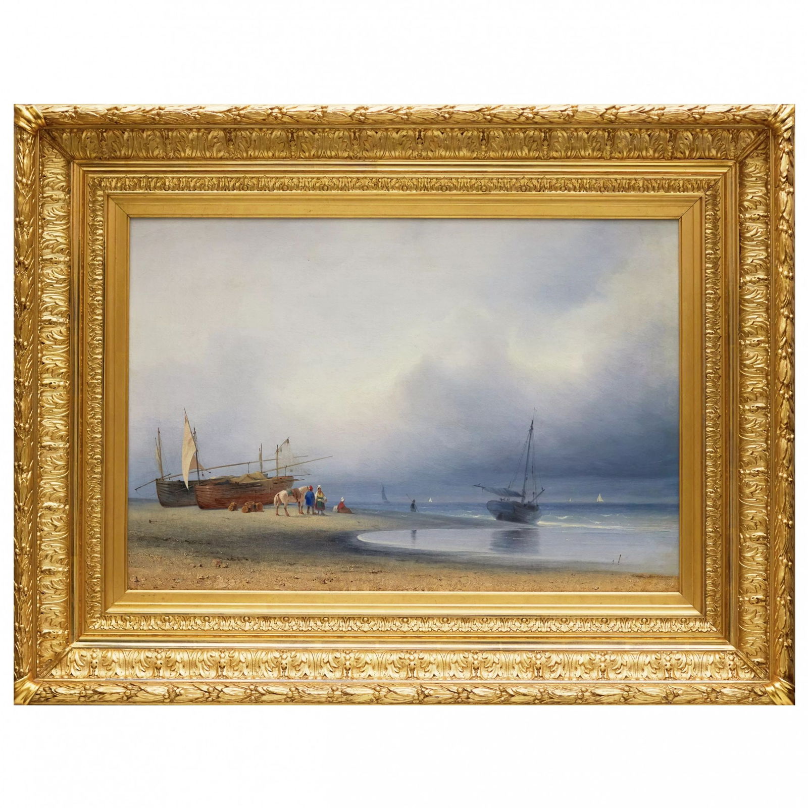 A.N. Mordvinov. Seascape. 1849.: A.N. Mordvinov. Seascape. 1849. A romantic seascape with a damp, changeable sky, fishing boats on the shore and sails at sea. Conveys the atmosphere of an elegiac pause. Signature in the lower right c