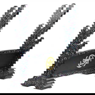 A sword stand (katana`kake) made of black lacquered wood. 20th century.: A sword stand (katana`kake) made of black lacquered wood, designed to accommodate three swords. It is decorated with mother-of-pearl inserts on the sides and edges. On the front side, a coat of arms i