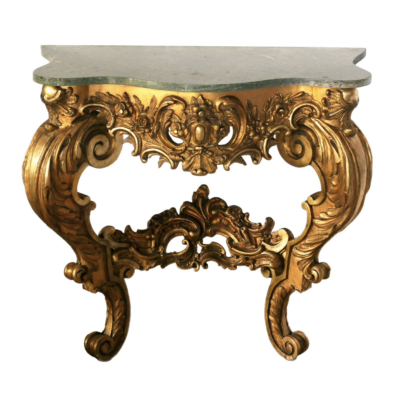 Wooden, gilded console of the 19th century.: Wooden, gilded console of the 19th century, with a marble top, in the Rococo style. Convincingly implements the wave-like composition of the style and the decorative whimsicality of the floral decor.