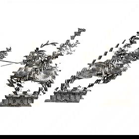 KNIGHTS MAXIMILIAN I AND FERDINAND II ON HORSEBACK. HANAU, CIRCA 1910: An exceptional pair of antique silver-mounted table figures depicting Emperor Maximilian I of the Holy Roman Empire and King Ferdinand II of Aragon in full armor on caparisoned warhorses. Executed in