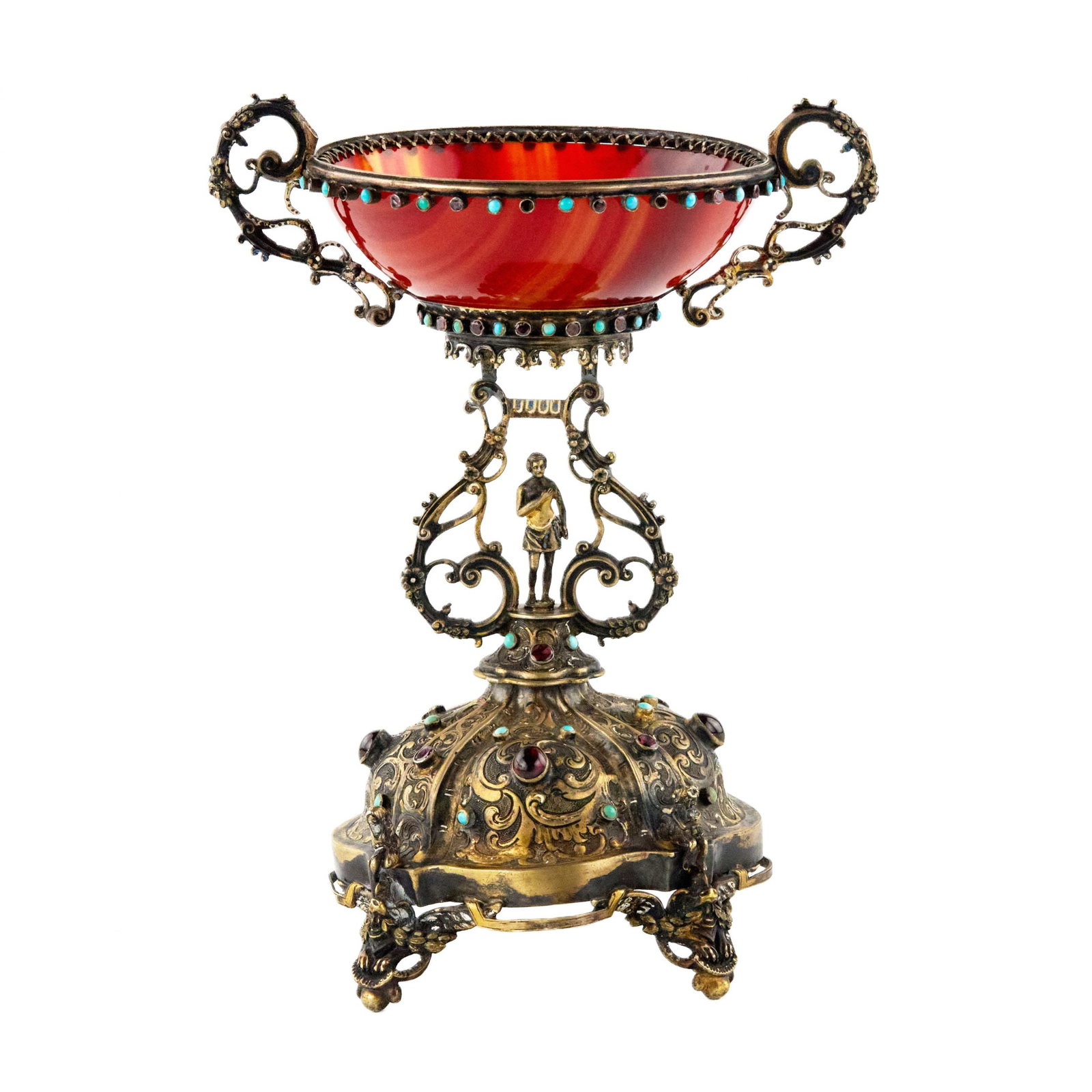 Bowl made of agate and gilded silver, with stones. 19th century. : Neo-Renaissance agate bowl with acanthus leaf rim rests on four legs depicting winged chimeras. Mounted on a stalk of vegetable garlands with a miniature figurine. The agate bowl is raised up and equi