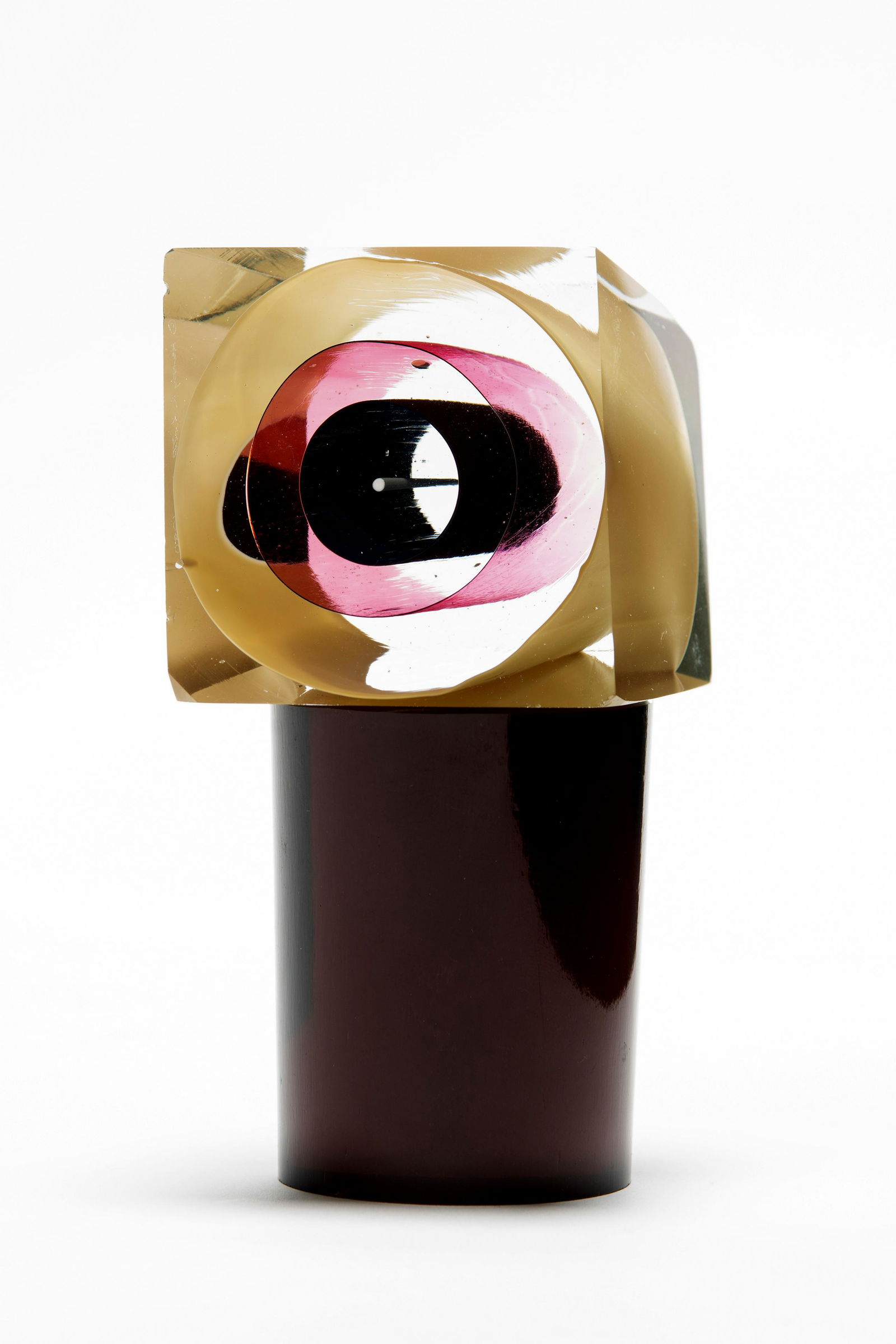 [Sculpture] by Harvey Littleton: 1980, Glass, Base: 2.25 x 2.25 x 3 in; Piece: 3 x 3 x 2 in. Signed "Harvey K Littleton 1980".