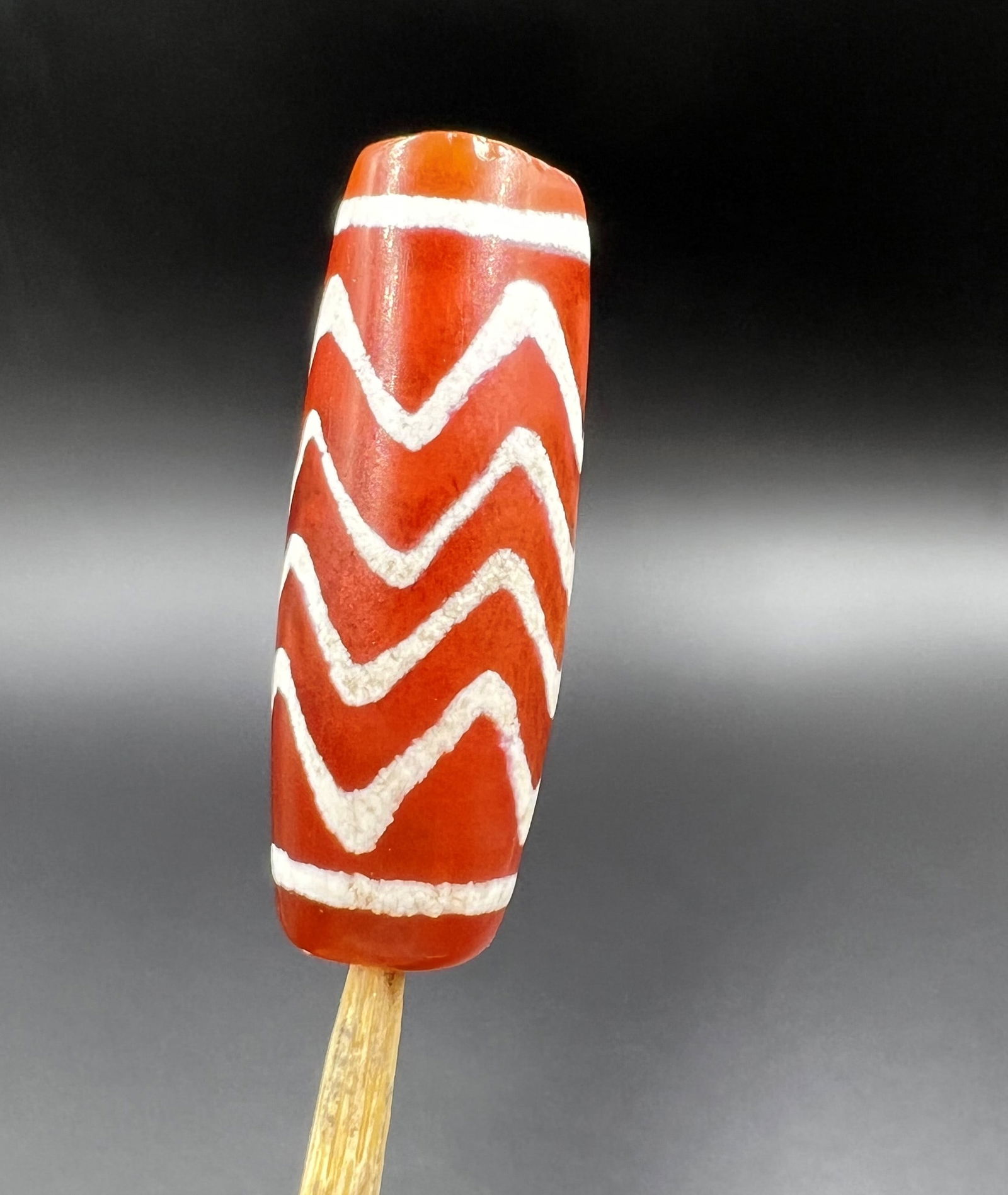 Burmese Antique Etched Painted Zig Zag Pattern Carnelian Agate Stone Bead: Nice Zig Zag Etched Painted Carnelian Agate Bead. Size Details Pictures Are Listed. Condition Of Bead As Shown In The Pictures.