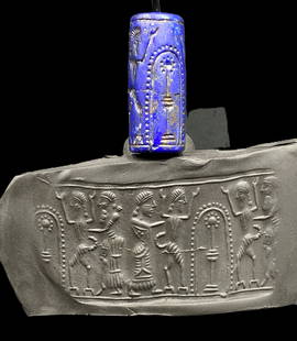 Ancient Bactrian Lapis Lazuli Stone Cylinder Seal Stamp Pendant: This ancient Bactrian Lapis Lazuli Stone cylinder seal stamp pendant features intricate engravings, showcasing the skillful craftsmanship of the Bactrian civilization. For better clarity, we imprinted