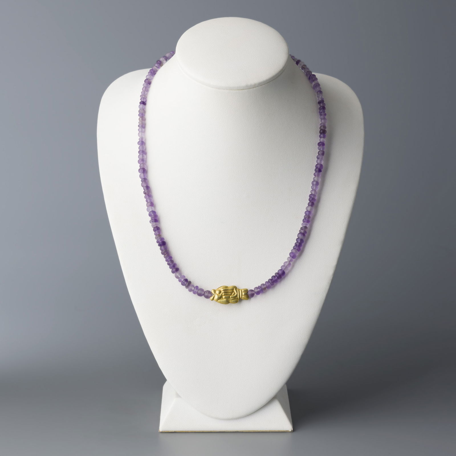 Ancient Egyptian Gold Fish Amulet with Aged Amethyst Beads [Length:19in]: Ancient Egyptian Gold Fish Amulet with Aged Amethyst Beads [Length:19in]