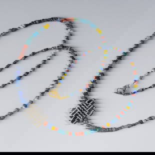 Tibeto-Burmese Phum Dzi with Rare Pattern and Ancient Glass Beads Necklace, 17.5 in, 14g: A 17.5-inch necklace featuring a Tibeto-Burmese Phum Dzi bead with a rare pattern, accompanied by ancient old glass beads. Weighing 14 grams.