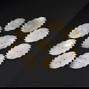 Lot of 9 Antique Gilgit Traditional Mother-of-Pearl Shell Buttons (Sadaf): A collection of 9 traditional mother-of-pearl (sadaf) shell buttons from Gilgit, each showcasing natural iridescence and craftsmanship. Weighing a total of 121 grams.