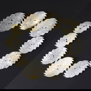 Lot of 10 Antique Gilgit Traditional Mother-of-Pearl Shell Buttons (Sadaf): A collection of 10 traditional mother-of-pearl (sadaf) shell buttons from Gilgit, each showcasing natural iridescence and craftsmanship. Weighing a total of 96 grams,