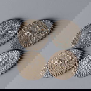Ancient Indo-Scythian Silver Coins (4pcs): Set of 4 ancient silver coins from the Indo-Scythian period, Each coin measures approximately 2.2 cm in diameter. Total weight: 32 grams.